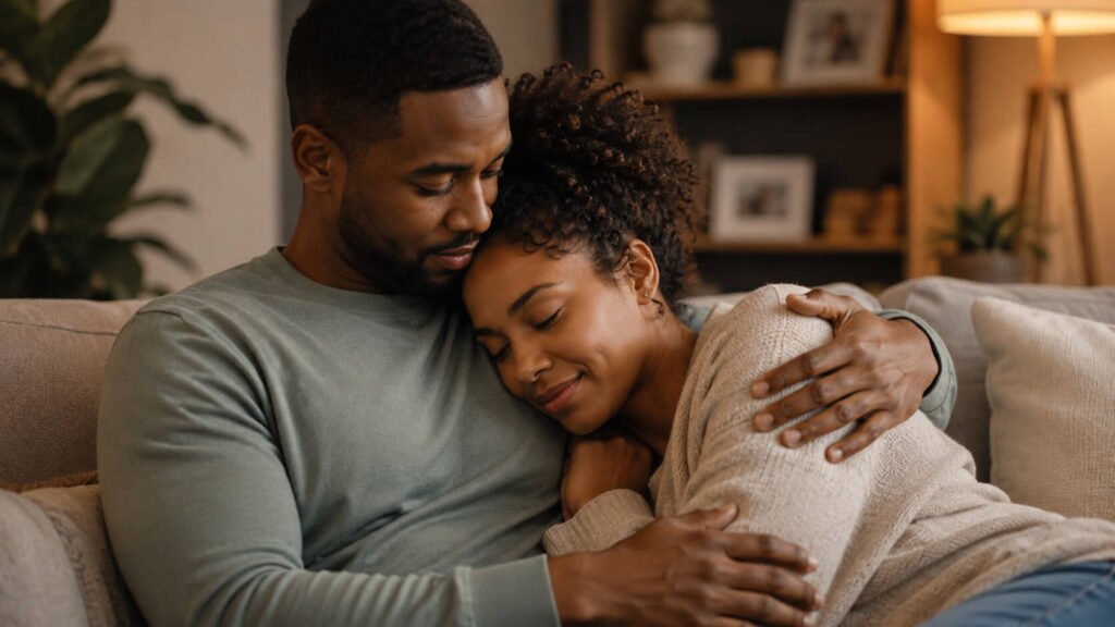 Couple embracing after resolving a disagreement
