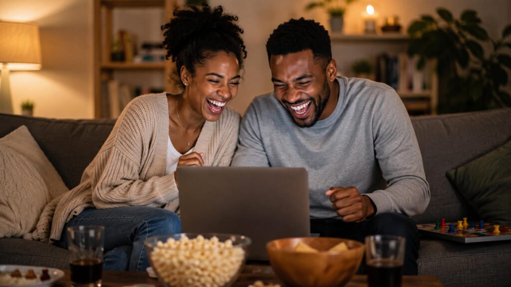 Couple laughing together during a game night at home