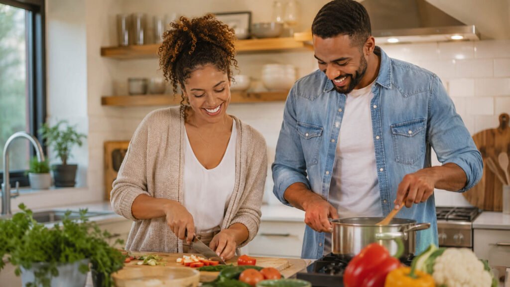 Couple spending quality time cooking dinner together