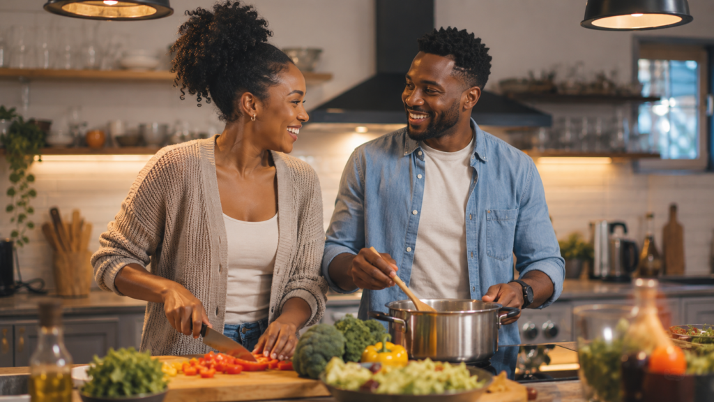 Couple building healthy relationship habits together