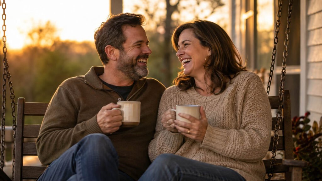 Happy couple laughing together outdoors, representing what makes a relationship last