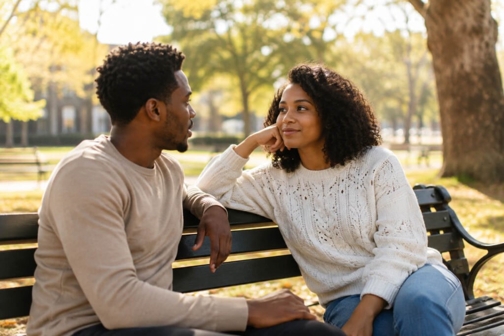 Partners conversing on a park bench.