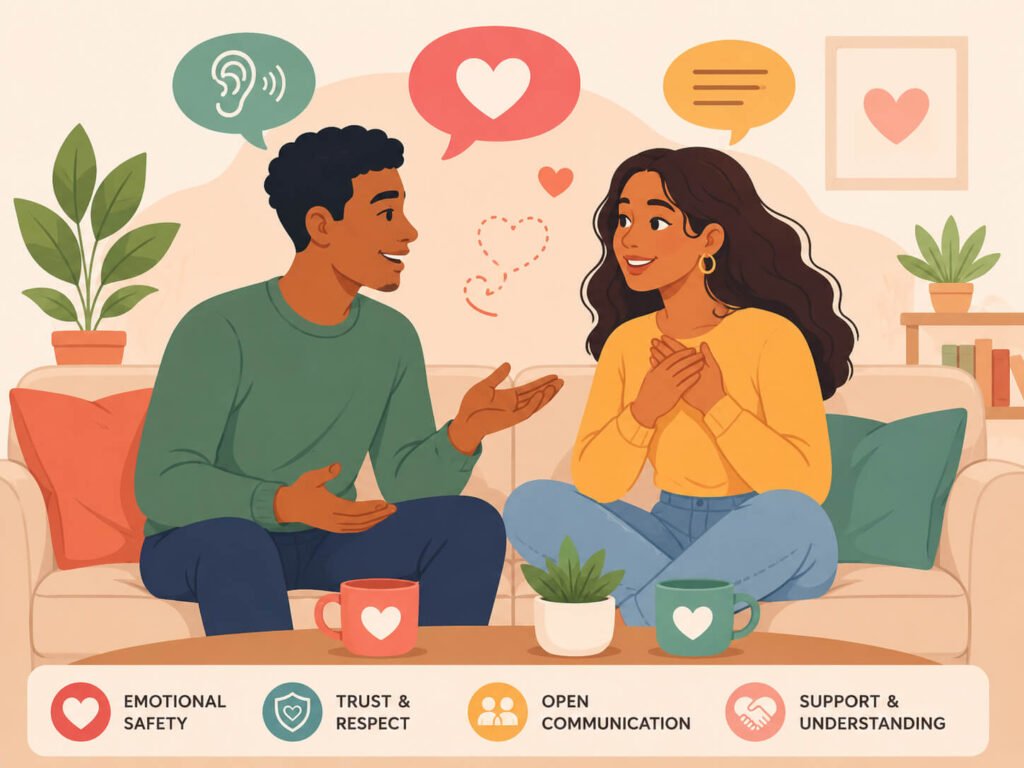 Illustration of a couple talking face-to-face, emphasizing Emotional safety in relationships through open communication.