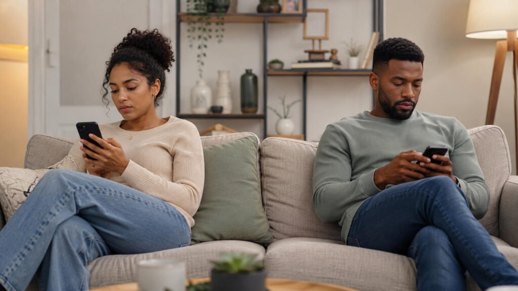 Couple distracted by phones instead of connecting