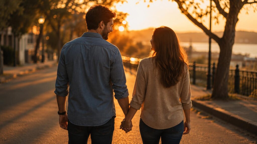 Couple holding hands while walking together