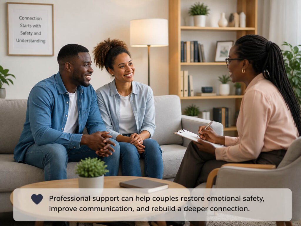 Couple in therapy working on communication to rebuild emotional safety 