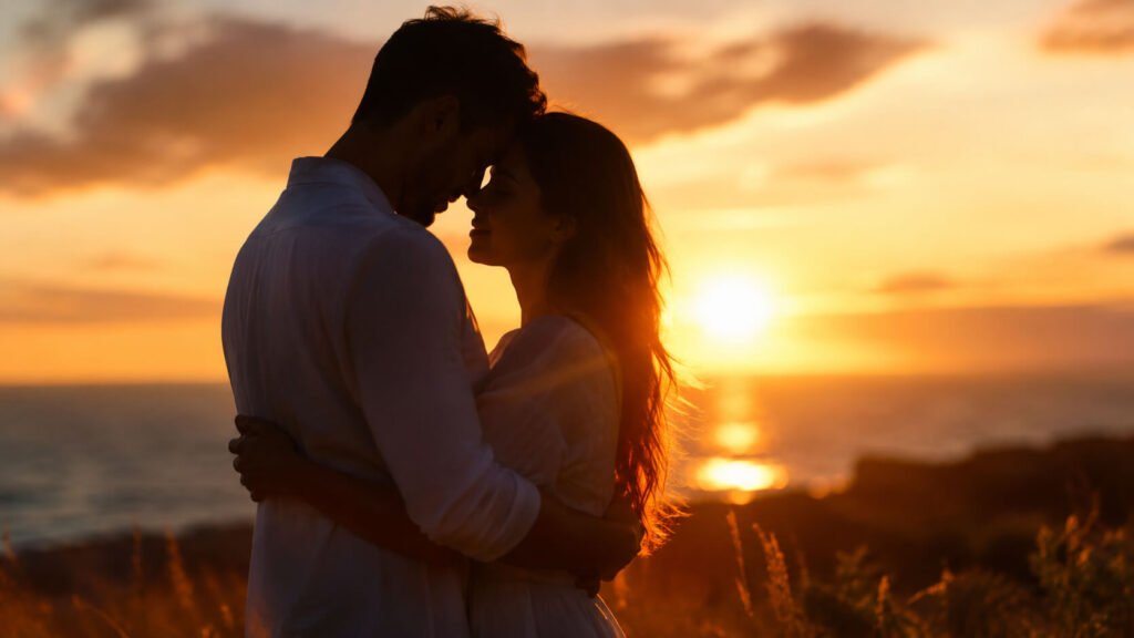 Couple hugging at sunset, representing Emotional safety and mutual trust.