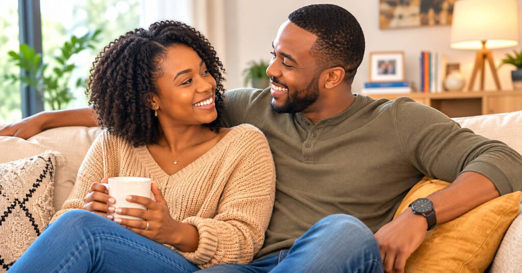 Green flags in a relationship shown through a couple communicating with trust and respect