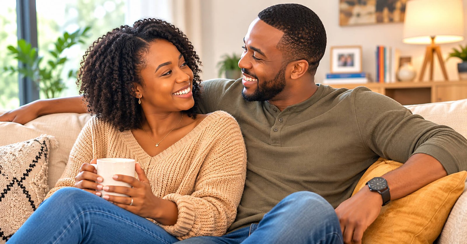 Green flags in a relationship shown through a couple communicating with trust and respect