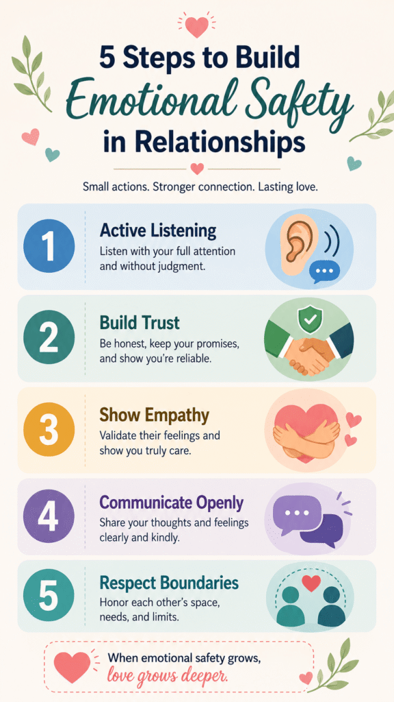 Infographic listing steps to build Emotional safety in relationships: trust, listening, honesty, empathy, support.